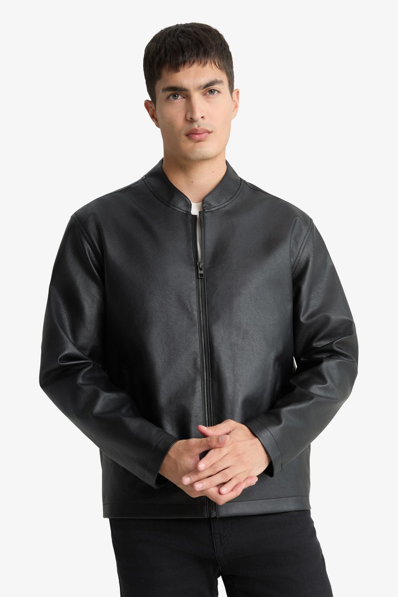 DeFacto Black Man Waterproof Slim Fit Stand Collar Faux Leather Jacket Casual - Image 1